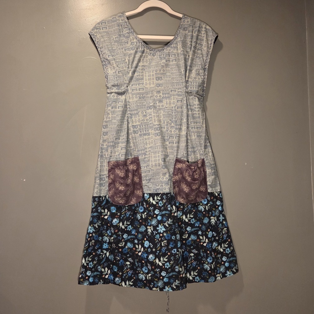 Women's‎ Handmade Patchwork Dress Tie Waist Boho Cottagecore, Blue & Multi